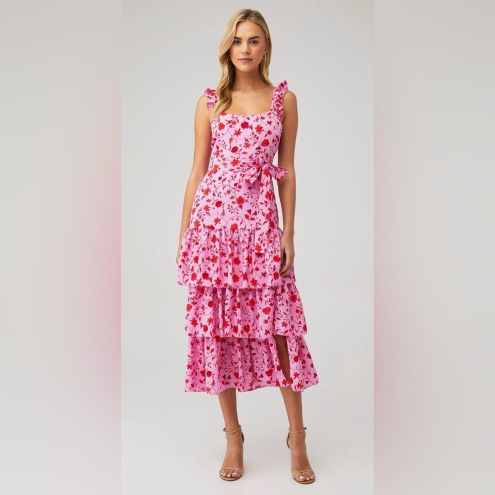 Likely Pink Floral Ruffle-Strap Tiered Midi Dress